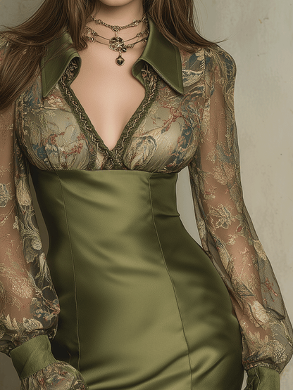 Bohemian Lace-Trim Satin Sheer Balloon Sleeves Mini Dress