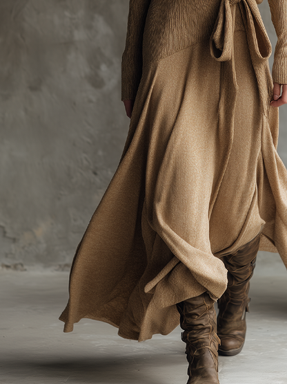 Retro Crossover Neck Knitted Mid-length Dress