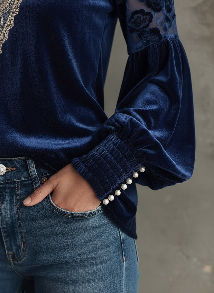Elegant Velvet Embroidered V-Neck Blouse with Sheer Sleeves