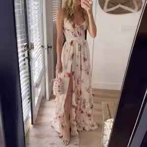 New Hot-selling Chiffon Print See-through Slit Suspender Dress
