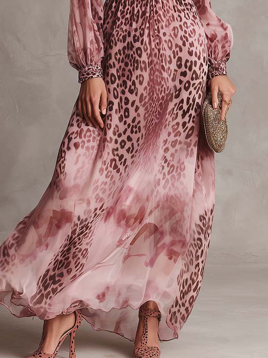 Pink Floral Leopard Chiffon Maxi Dress