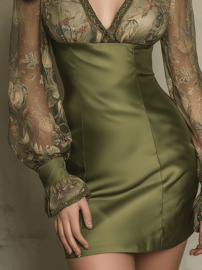 Bohemian Lace-Trim Satin Sheer Balloon Sleeves Mini Dress
