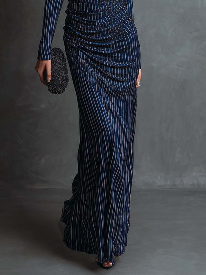 Square-Neck Pinstripe Ruched Satin Maxi Dress