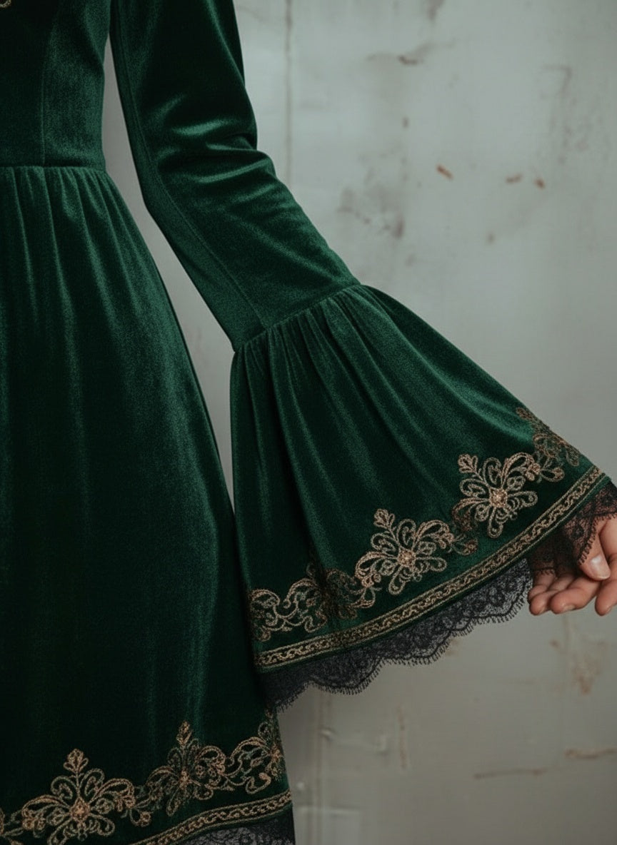 Emerald Velvet Embroidered Mini Dress