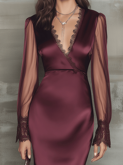 Elegant Burgundy V-Neck Lace Sleeve Cocktail Midi Dress
