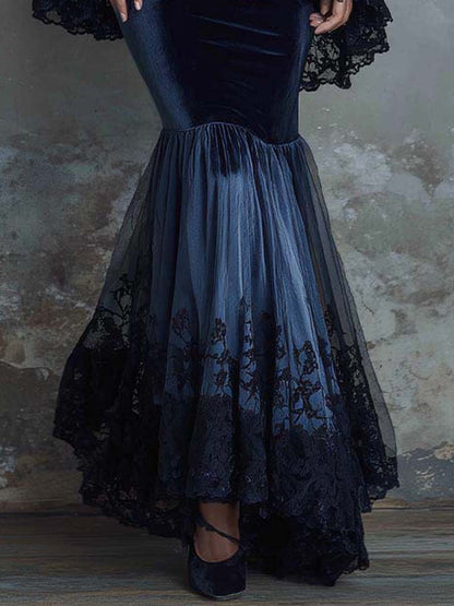 Velvet Lace-Trimmed Fishtail Maxi Dress