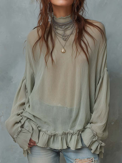 Vintage Ruffled Hem Sheer Blouse