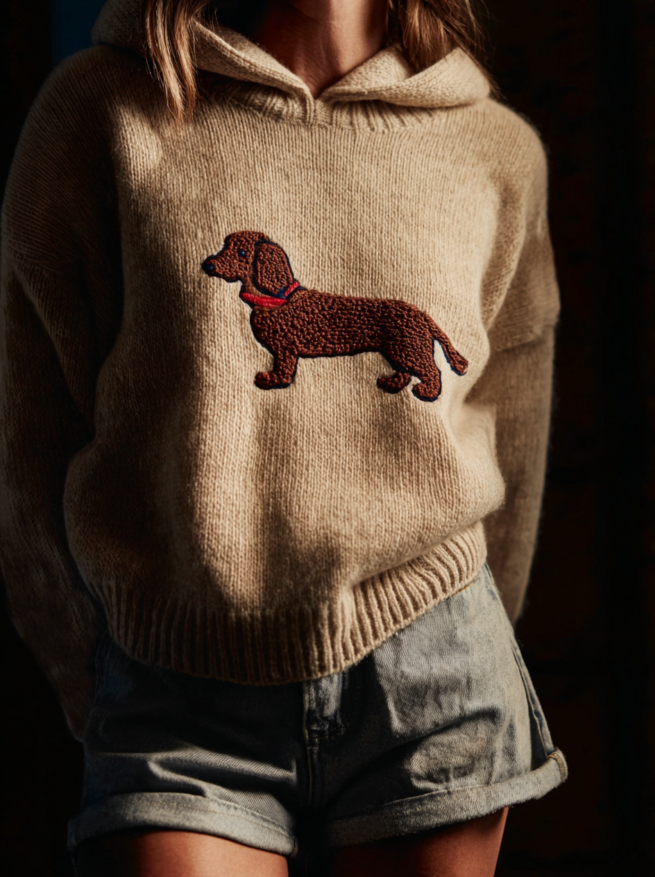 Classic Fuzzy Dachshund  Dog Felt Cozy Knit Hooded Sweater