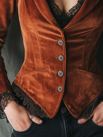 Burnt Orange Velvet Corset Tailored Jacket With Lace Trim