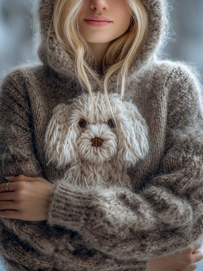 Cute Fuzzy Dog Embroidered Soft Hooded Sweater