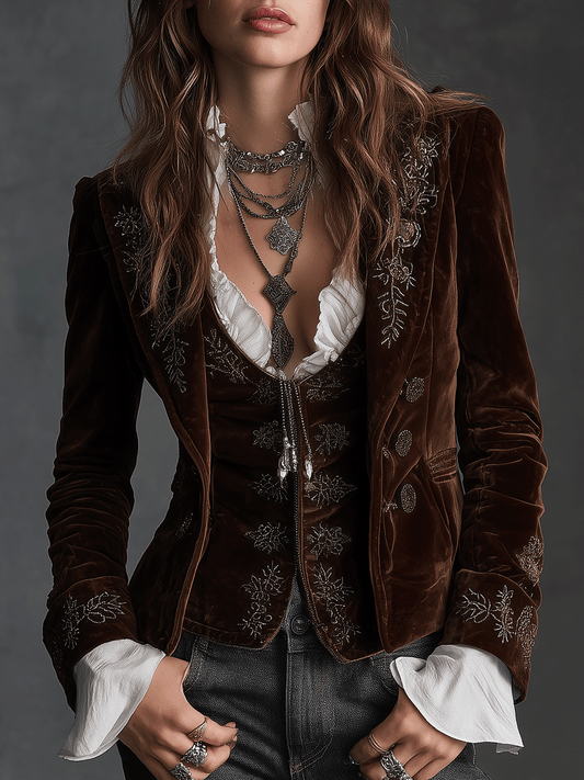 Vintage Brown Velvet Embroidered Blazer