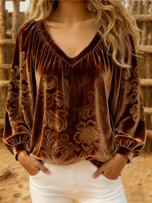 Vintage Floral Print V-Neck Velvet Top
