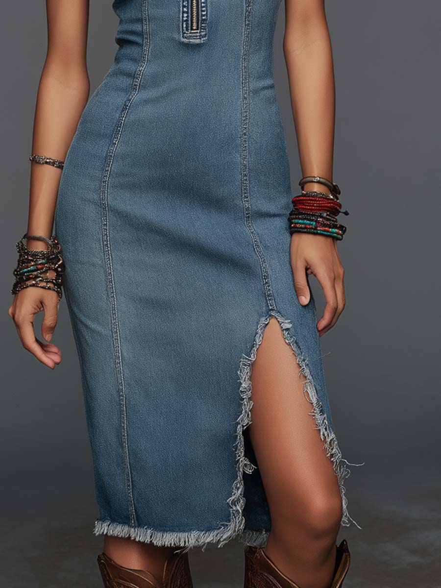 Retro Split Hem Frayed Trim Denim Midi Dress