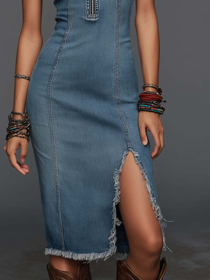 Retro Split Hem Frayed Trim Denim Midi Dress