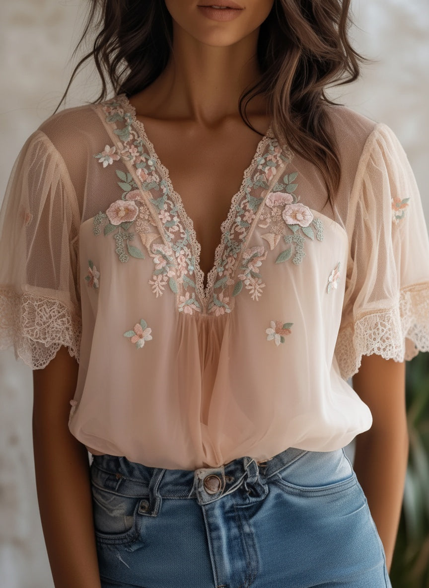 Elegant Floral Embroidered Sheer Blouse - Romantic V-Neck Tulle Top