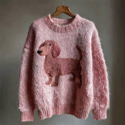 Pink Dachshund Embroidered Fuzzy Cozy Knit Sweater