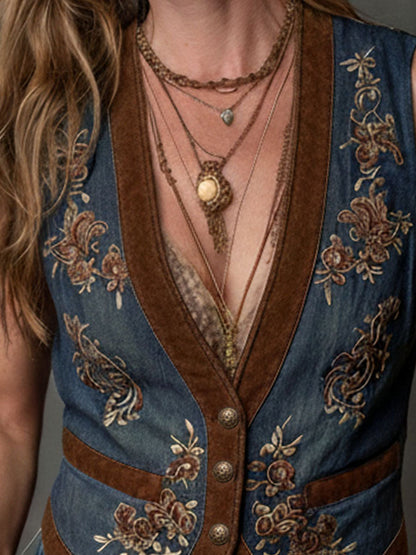 Vintage Boho Embroidered Denim Vest With Suede Trim