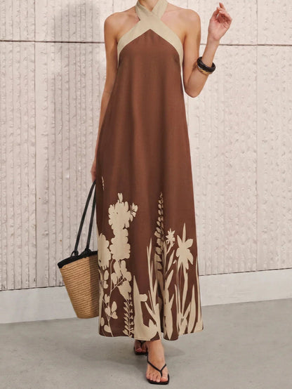 Women's Summer Vacation Halter Backless Bow Bandage Contrast Color Large Swing Dress
