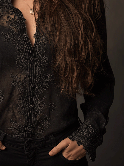Gothic Black See-Through Embroidered Lace Chiffon Shirt