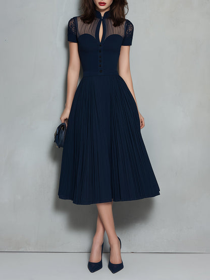 Elegant Keyhole Collar Pleated A-line Midi Dress