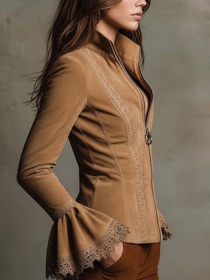 Sudan Brown Lace-Trimmed Eco-Suede Fitted Jacket
