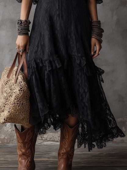 Retro V-neck Ruffle Cuffs Lace Midi Dress