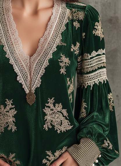 Emerald Velvet Blouse with Gold Embroidery & Lace Trim