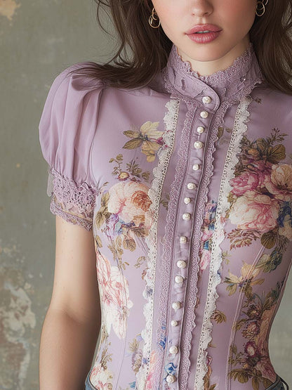 Vintage Lace Trim Oil Painting Chiffon Short-sleeved Blouse