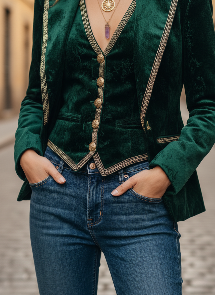 Emerald Regal Velvet Trimmed Two-Piece Set