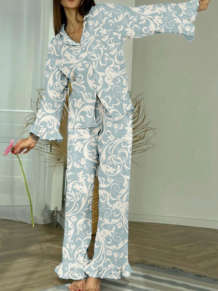 Women's Vintage Floral Print Ruffle Pajama Set