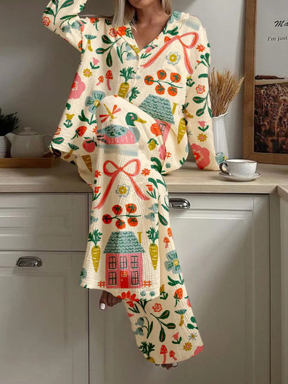 Women's Pastoral Floral Bow Print Cotton Homewear Set