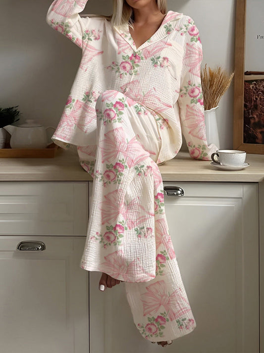 Women's Pink Flower Bow Pajama Set