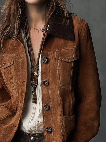 Vintage Caramel Eco-Sued Button-Down Contrast Collar Utility Jacket