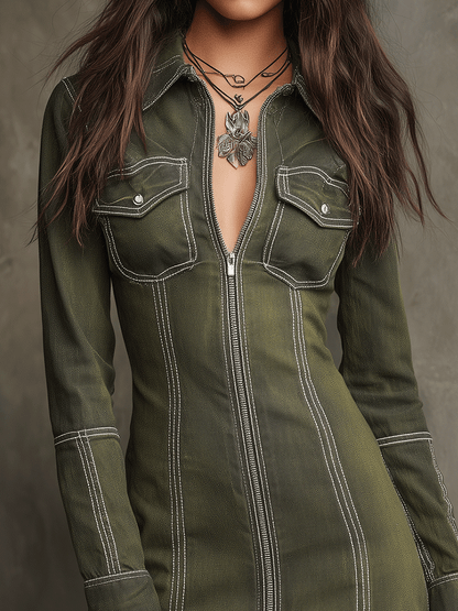Boho Military Chic Olive Utility Mini Dress