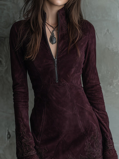 Vintage Suede Embroidered Lace Trim Mini Dress
