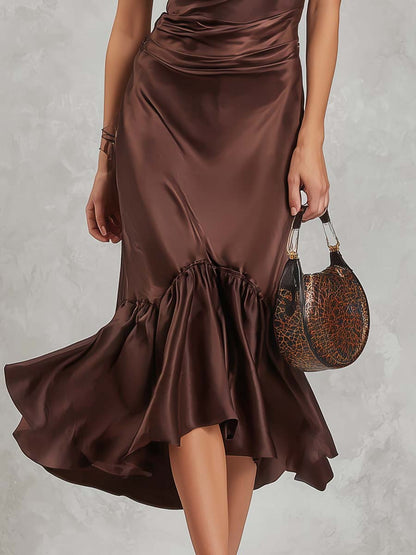 Elegant Vintage Draped Satin Midi Dress