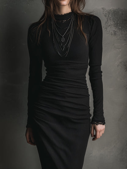 Basic Versatile Bottoming Lace Patchwork Stretch Knit Midi Dress