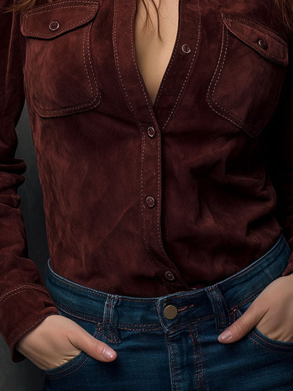 Chestnut Brown Eco Suede Western Shirt With Pockets