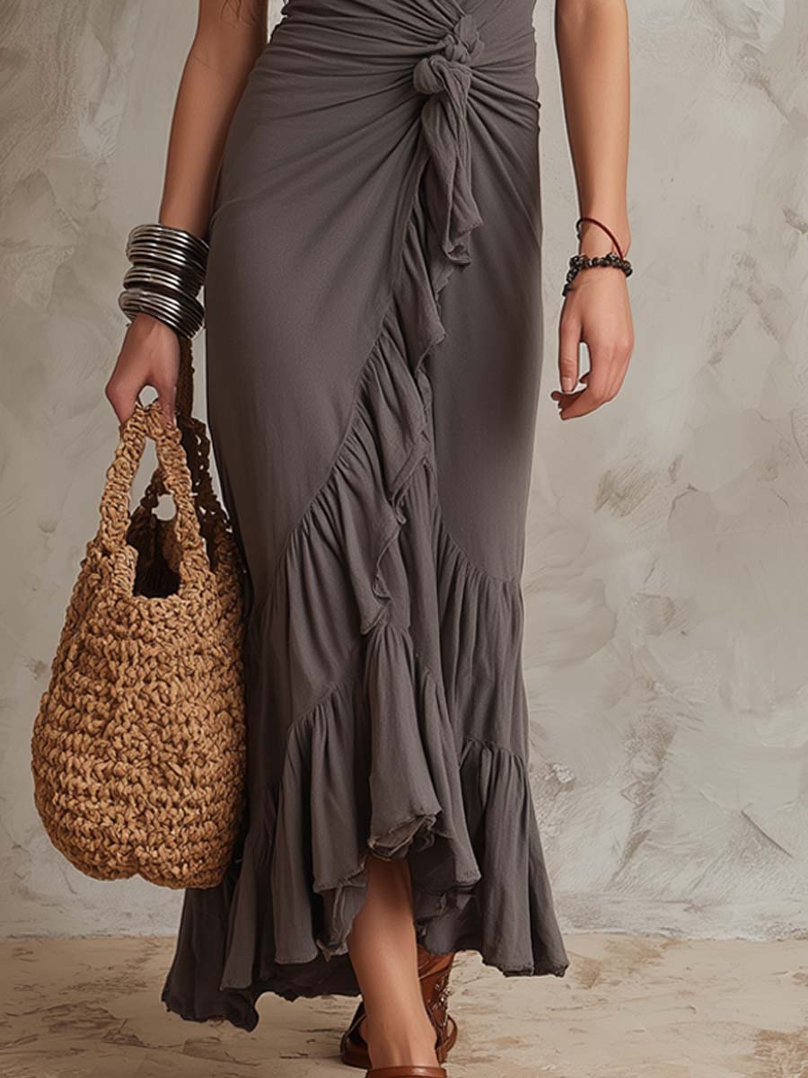 Retro Contrast Neck Ruffle Trim Midi Dress