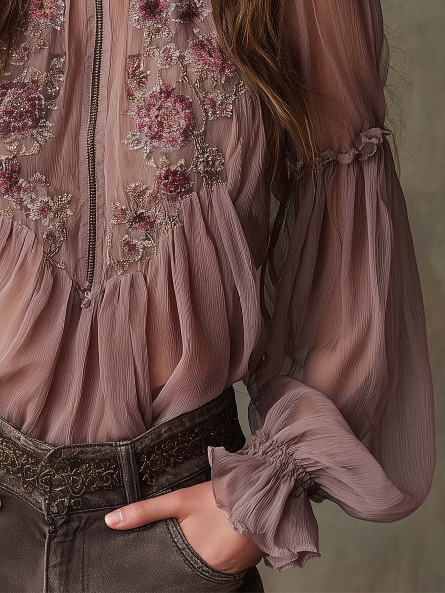 Bohemian Elegance Sheer Embroidered Zip-Front Chiffon Blouse