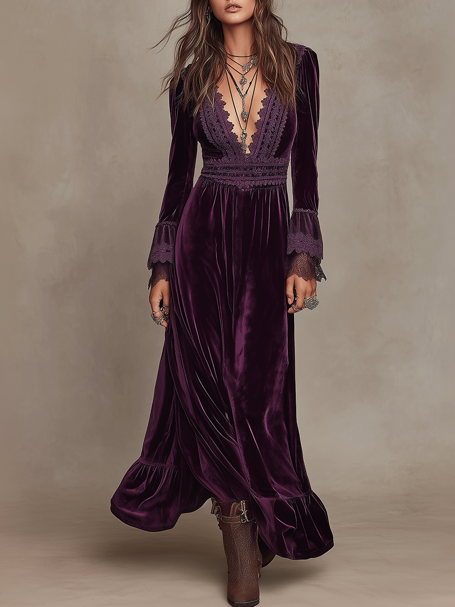 Elegance Boho Velvet Deep-V  Lace Bohemian Maxi Dress