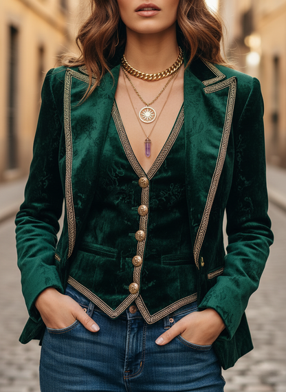 Emerald Regal Velvet Trimmed Two-Piece Set