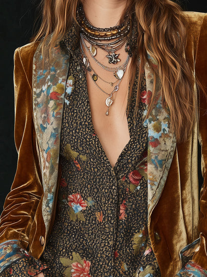 Vintage Lapel Velvet Floral Print Patchwork Blazer