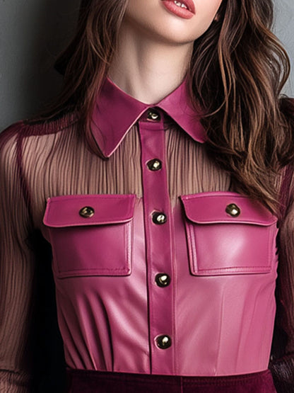 Rose Pink Eco Leather & Sheer Mesh Blouse With Pockets
