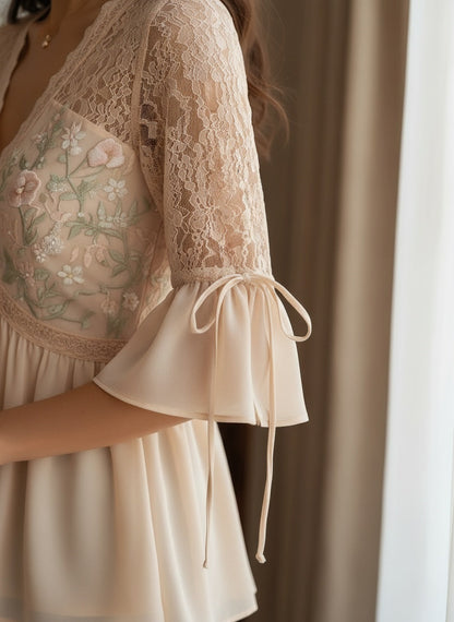 Elegant Floral Embroidered Lace Blouse - Chic V-Neck Design
