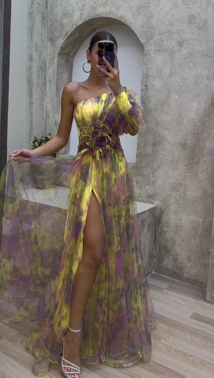 Sexy Oblique Shoulder One-Shoulder Long Sleeve Floral Yarn Dress