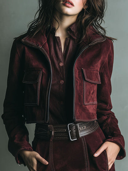 Retro Burgundy Suede Cropped Jacket & Mini Skirt Two-Piece Set
