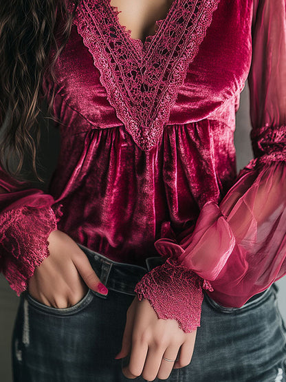 Romantic Hot Pink Velvet & Lace Sheer Puff Sleeve Blouse