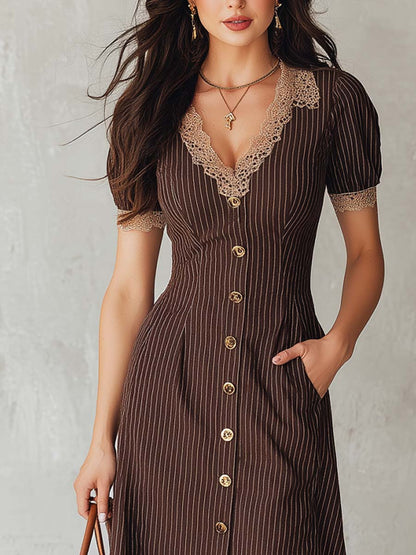 Vintage-style Striped Lace Trim Midi Dress