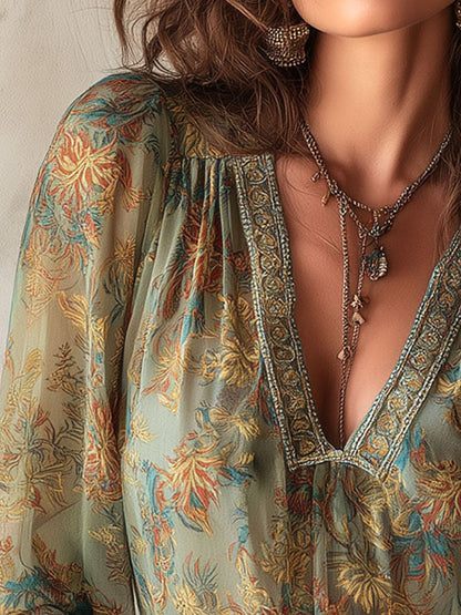 Boho Floral Sheer Chiffon Blouse With Lace Accent